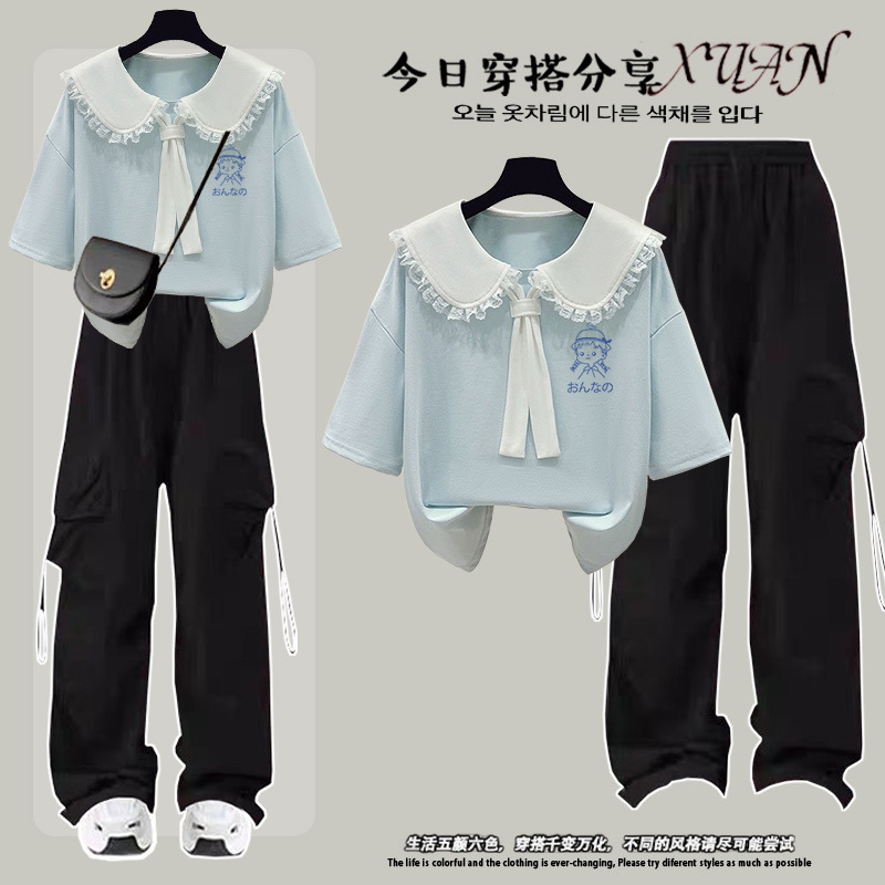 Summer Suit for Middle-Aged and Older Children, Primary School, Junior High School and High School Students, Western-Style Tops, High-Waisted Workwear, Wide-Leg Pants, Two-Piece Set