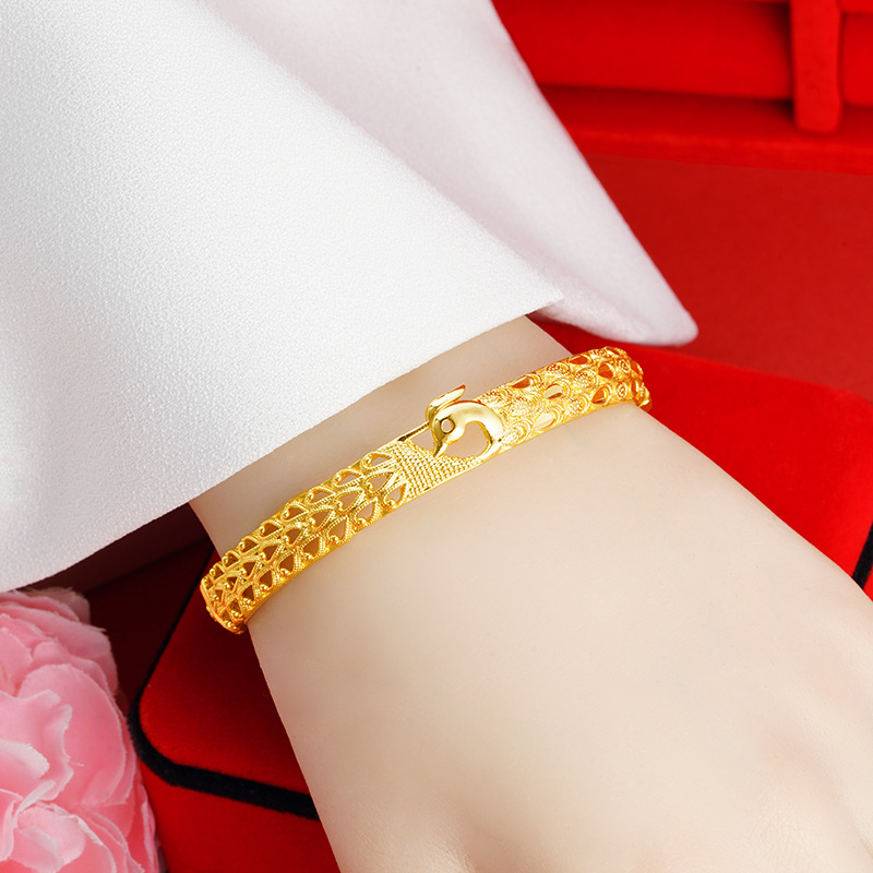 Moda nacional Pavo Real hebilla pulsera Vietnam oro hueco estilo chino de las mujeres tallado vintage pulsera al por mayor chapado en oro antiguo