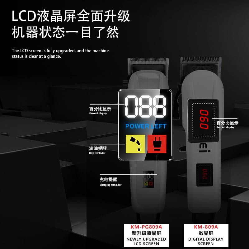 Cortadora de Pelo Kemei KM-809A, Recortadora de Pelo Eléctrica con Pantalla LCD, Enchufe Transfronterizo de Amazon, Cortadora de Pelo Profesional para Salón