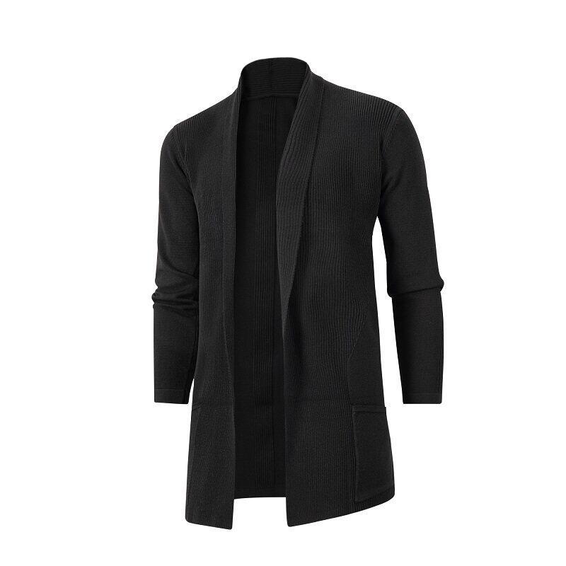 Men's Clothing Men's Casual Long Sleeve Knit Cardigan With Lapel Collar, Slim Fit Mid-Length Open Front Sweater For Stylish Urban Wear_voghion.com