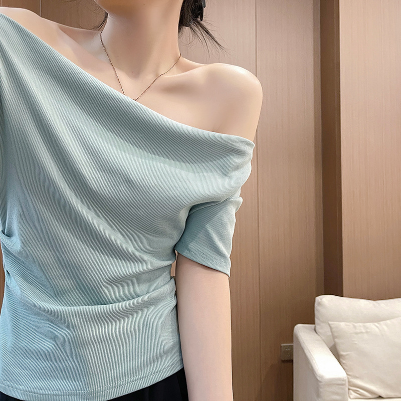 Various Ways To Wear Threaded One-shoulder Slim Summer Pure Desire ShorT-sleeved T-shirT Women's Off-shoulder Top BoTToming ShirT VersaTile Top