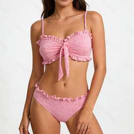 2026新款比基尼花边泳衣欧美抹胸游泳衣女性感泳装纯色bikini