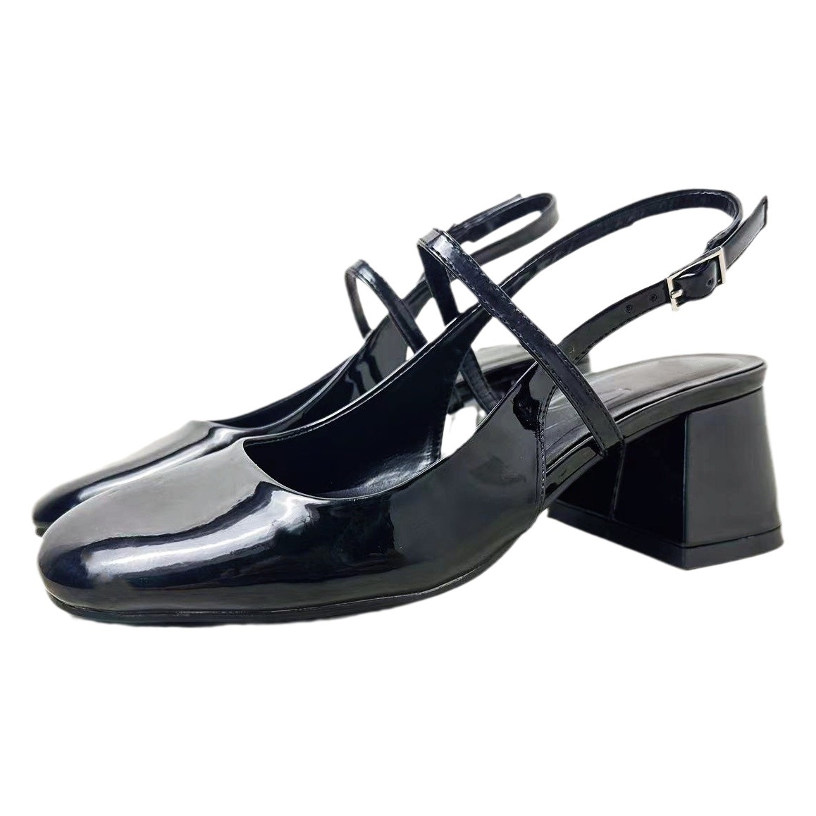 ZA2023 primavera y verano nuevos zapatos de mujer de Punta cerrada boca baja beige negro charol tacón grueso Mary Jane zapatos de ballet zapatos