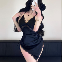 黑色少妇趣情内衣V领性感露背仿真丝睡衣情qu内衣趣禁欲系丝滑睡