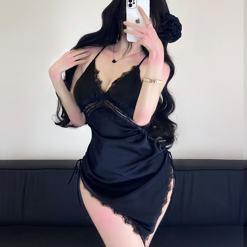 黑色少妇趣情内衣V领性感露背仿真丝睡衣情qu内衣趣禁欲系丝滑睡
