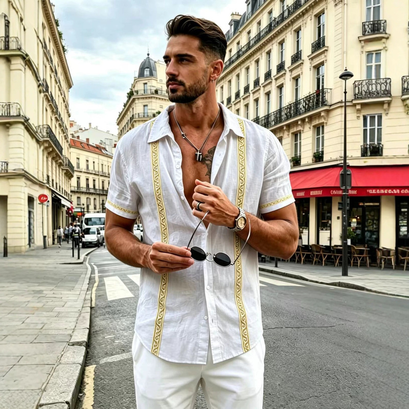 2026 Amazon Cross-Border New Summer Street Style Cuban Fashion Casual Lace Short-Sleeved Men's Shirt 2026 Amazon Cross-Border New Summer Street Style Cuban Fashion Casual Lace Short-Sleeved Men's Shirt