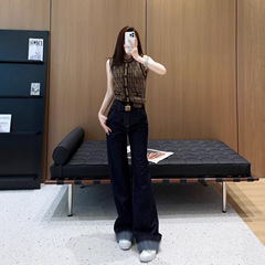 南油女装裤子2025秋季印花裤脚折边直筒牛仔裤女复古美式时尚长裤