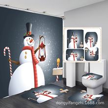 欧美圣诞节3D印花浴帘浴室四件套隔断帘淋浴帘免打孔套装加工定制