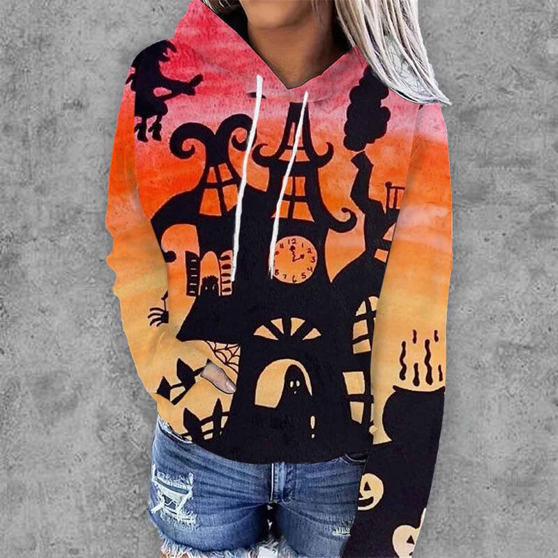 2023 autumn and winter Halloween printed pullover Funny Women's loose hoodie long sleeve sports cross-border European and American sweater