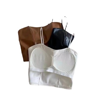 Leather European and American style camisole women's elegant high-end beauty back underwear slim short bottoming with chest pad leather