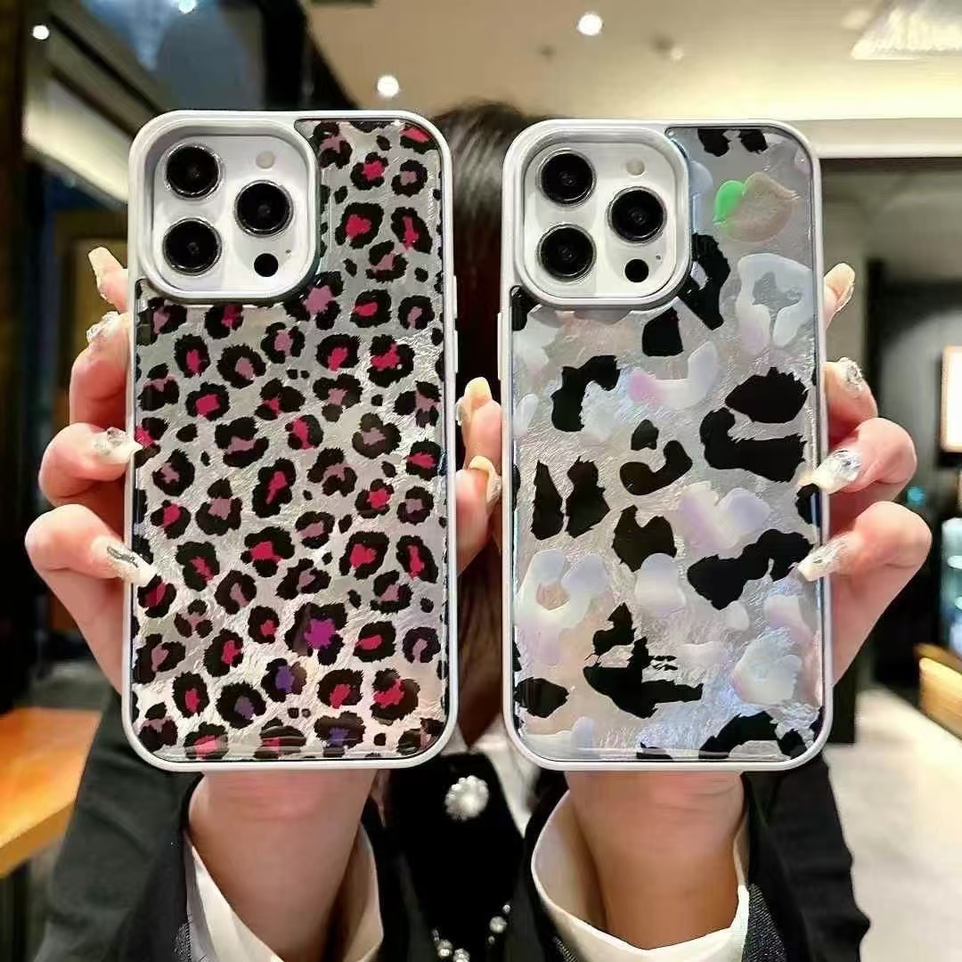 New Model Suitable for Apple Ip16Pm Large Hole Leopard Print Imd Metallic Paint Silver 13/14 Shell Pattern Mobile Phone Case