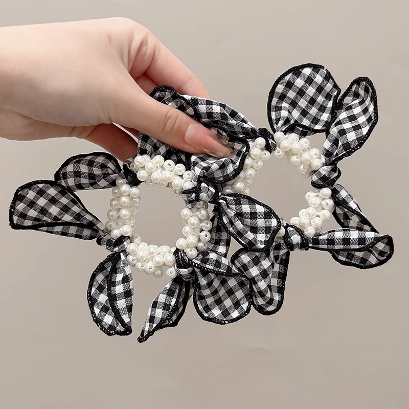 Coreano de alta calidad tela rayada perla anillo de cabello para mujeres 2025 nuevo simple cuerdas de cabello de banda de goma de cuadrillas