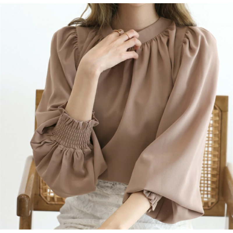 热卖外单外贸乐天爆款韩国韩版衬衣打底衫上衣高领泡泡袖雪纺衬衫