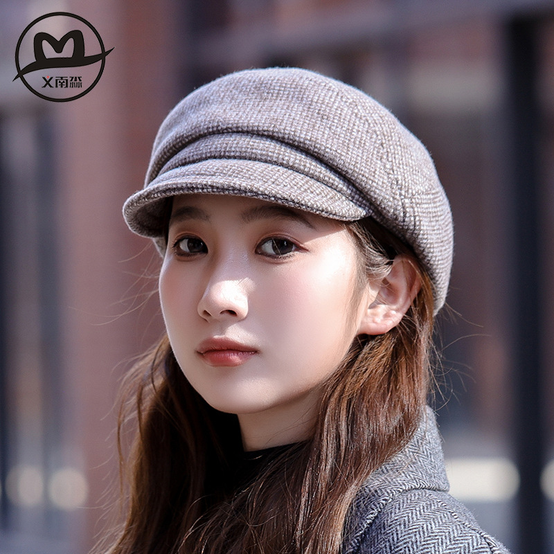 千鳥格帽子女秋冬季新款韓版潮網紅鴨舌貝雷帽英倫復古時尚八角帽