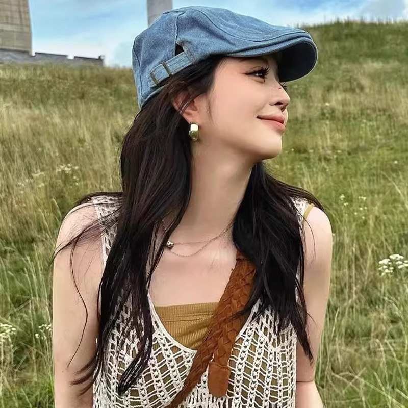 2025 新しいベレー帽女性の春と秋の大きな頭囲逆着用フロントキャップ顔を示す小さな画家男性の日よけ帽子卸売|undefined
