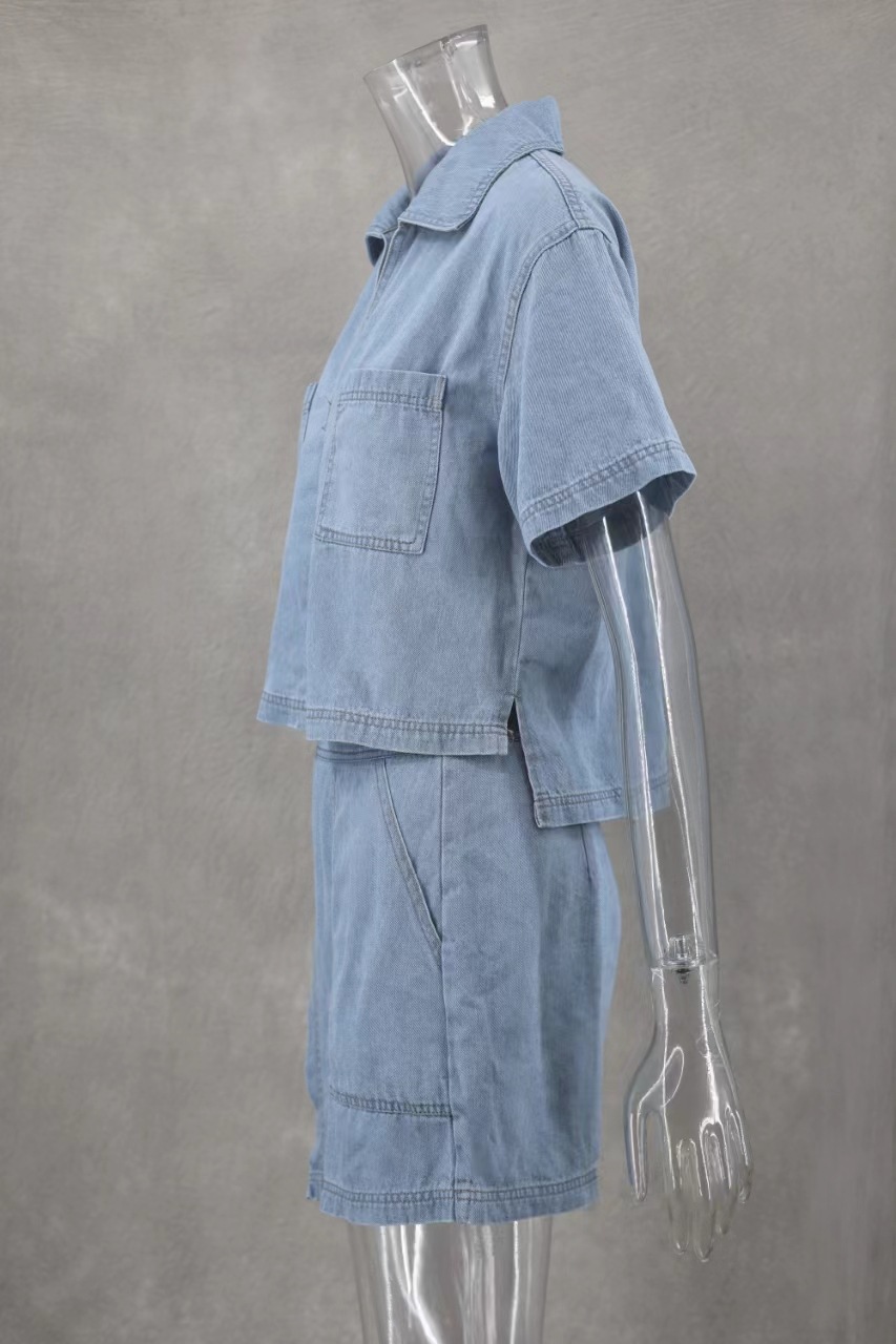 Comfort Casual Denim Women Summer Loose Slimming Polo Short Sleeve Shirt Irregular Asymmetric Pantskirt Two Piece Set