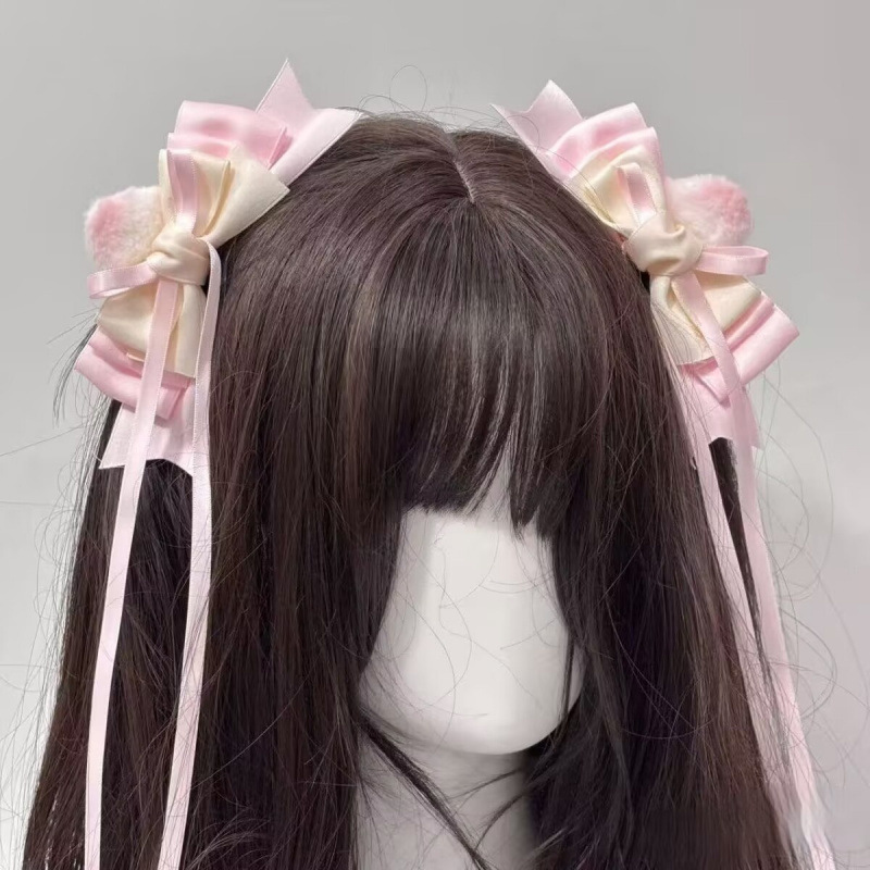 かわいいリボン、甘い女の子の耳のヘアピン、プリンセススタイルの絶妙なヘアアクセサリー、ピンクのヘッドバンド、リボンサイドクリップ|undefined