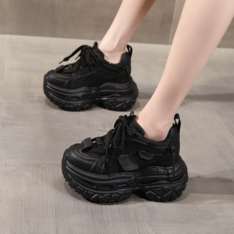 Giày sneaker nữ đế dày tăng chiều cao, lưới thoáng khí, phong cách thể thao — Tro thô