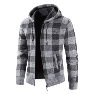 2023 New Winter Clothing Plus Velvet Thickened Plaid Sweater Large Size Foreign Trade Men's Hooded Cardigan Sweater Jacket Wholesale