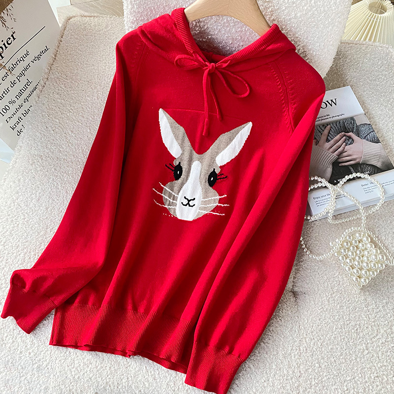 Year of fate gules Hooded sweater lady rabbit Jacquard weave wool Sweater Base coat Easy Large Hoodie