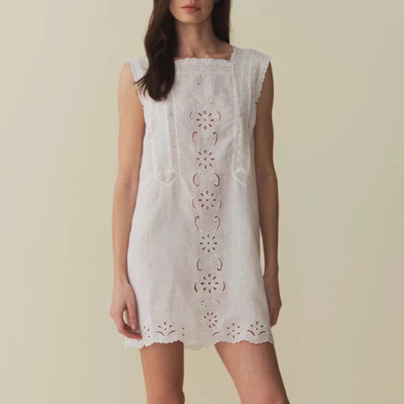 Niche 2026 Summer New Style Embroidered Hollow Lace Patchwork Sleeveless Mini Dress for Women