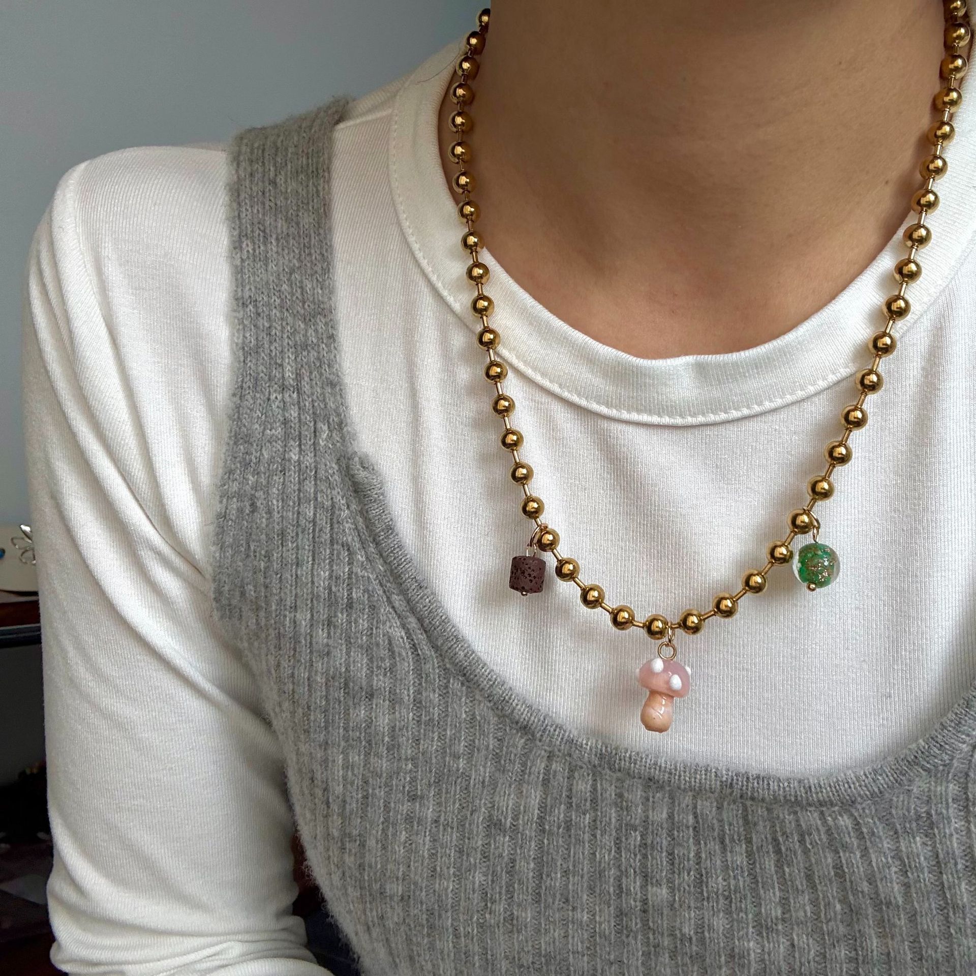18g Weight glass Pendant Material Pendant Necklace Classification Titanium Steel Chain Material ball chain Chain Type 1 Piece Quantity Holiday, Daily, Selfie Occasion Titanium Steel Material Mushroom Pattern Women's Gender Plating Design Casual, Elegant, Lady Style Wholesale Jewelry Casual Elegant Lady Mushroom Titanium Steel Plating Pendant Necklace Ball Chain 1