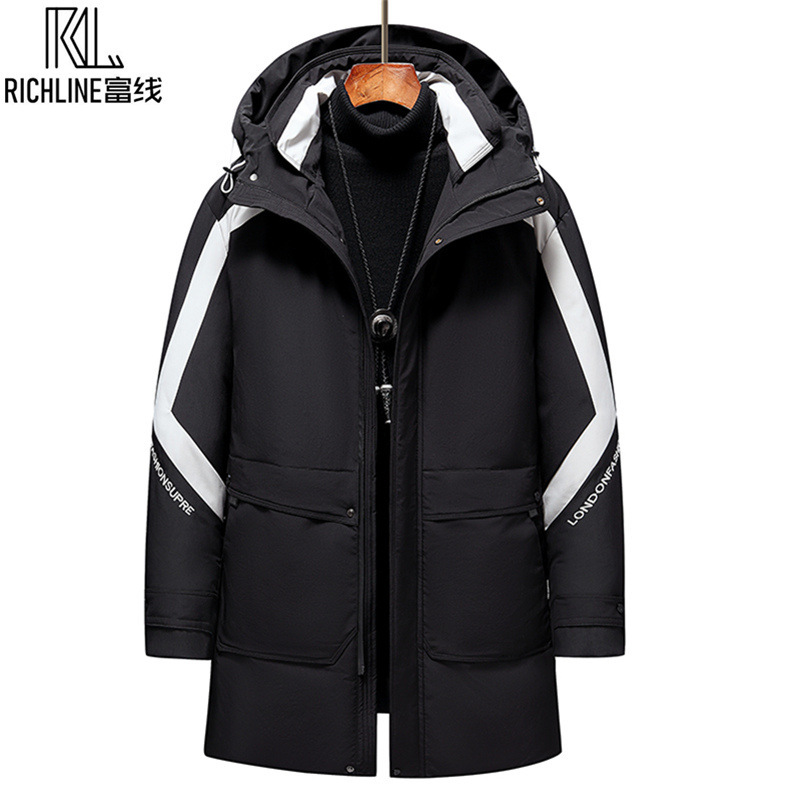 Rich Line Hooded Down Jacket Men's Mid-length Winter Loose Casual Workwear Parker White Duck Down Warm Jacket