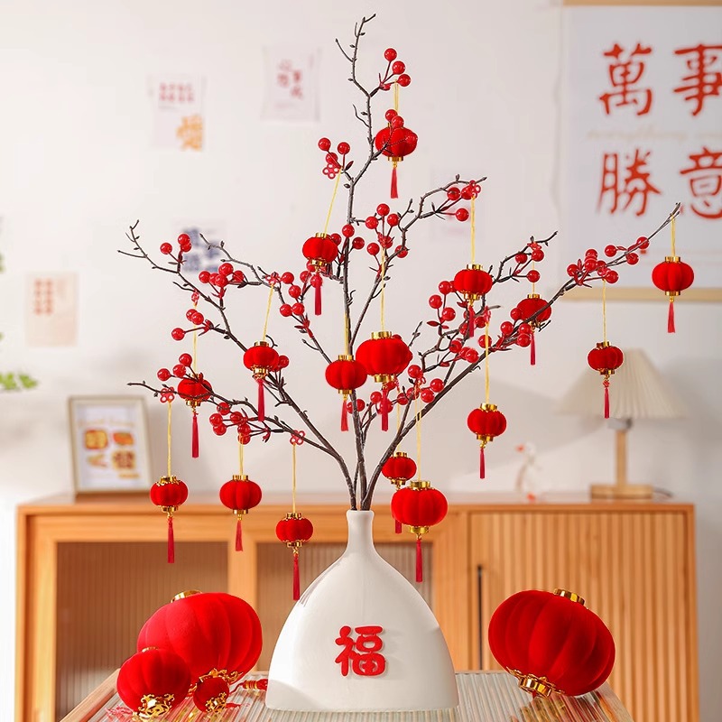 2026 decoración de Año Nuevo festivo día de Año Nuevo verde pequeña linterna roja decoración del Año del Caballo flocado colgante del árbol del Año Nuevo