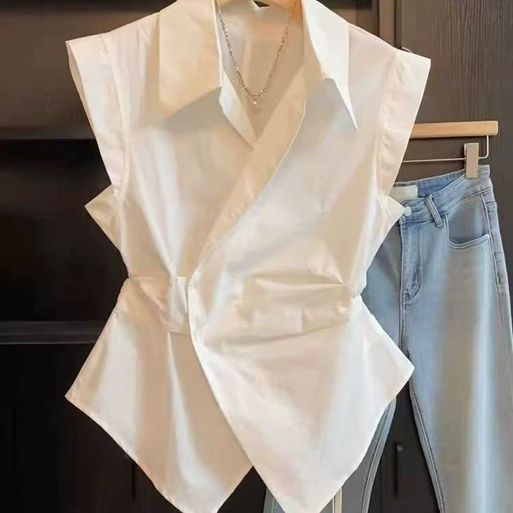 Женская белая рубашка с воротником-поло, утягивающая талию, новинка лета 2025 года, элитные универсальные элегантные женские топы для похудения
