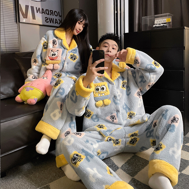 New Autumn and Winter Couple's Loungewear, Fleece-Lined and Thickened Flannel, Cute Cartoon Heavy-Duty Lapel Button-Down Pajamas