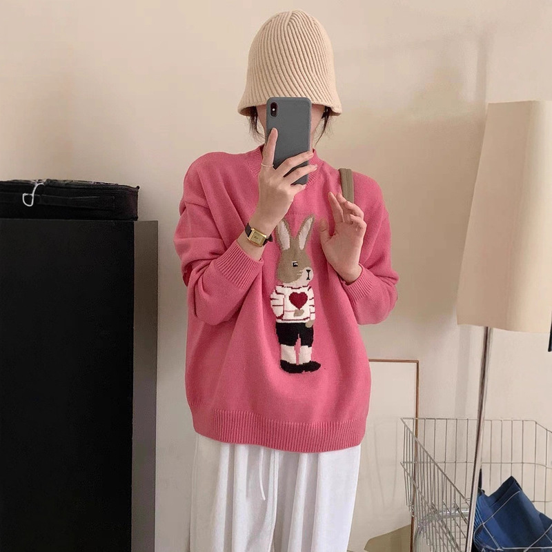 Brother's Mall Same Style Women's 2025 Winter Fashion Age-Reducing Versatile Cartoon Rabbit Jacquard Sweater Outerwear Top
