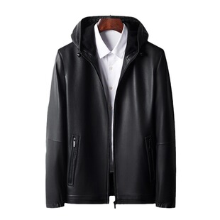 Tommy Black Shows Haining Goatskin Genuine Leather Jacket Men's Spring & Fall New Fashion Casual Hooded Short Slim Leather Wallet