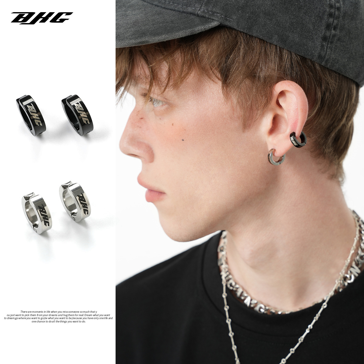 2024 Letter American Simple High Street Titanium Steel Earrings Hip-Hop Style Street Style Men and Women Same Style Design Ear Clip for Men