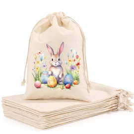 跨境复活节棉布抽绳礼品袋兔子耳朵彩蛋糖果袋HAPPY EASTER束口袋