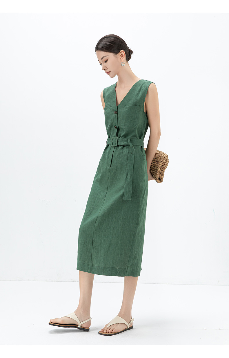Đầm maxi nữ thắt eo cổ chữ V vải lanh kiểu Pháp — Màu đen chi tiết 21