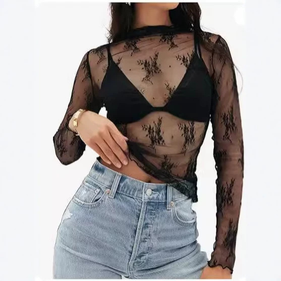 wish2026 Amazon European and American foreign trade women's mesh transparent lace layered top with stand-up collar see-through shirt wish2026 Amazon European and American foreign trade women's mesh transparent lace layered top with stand-up collar see-through shirt