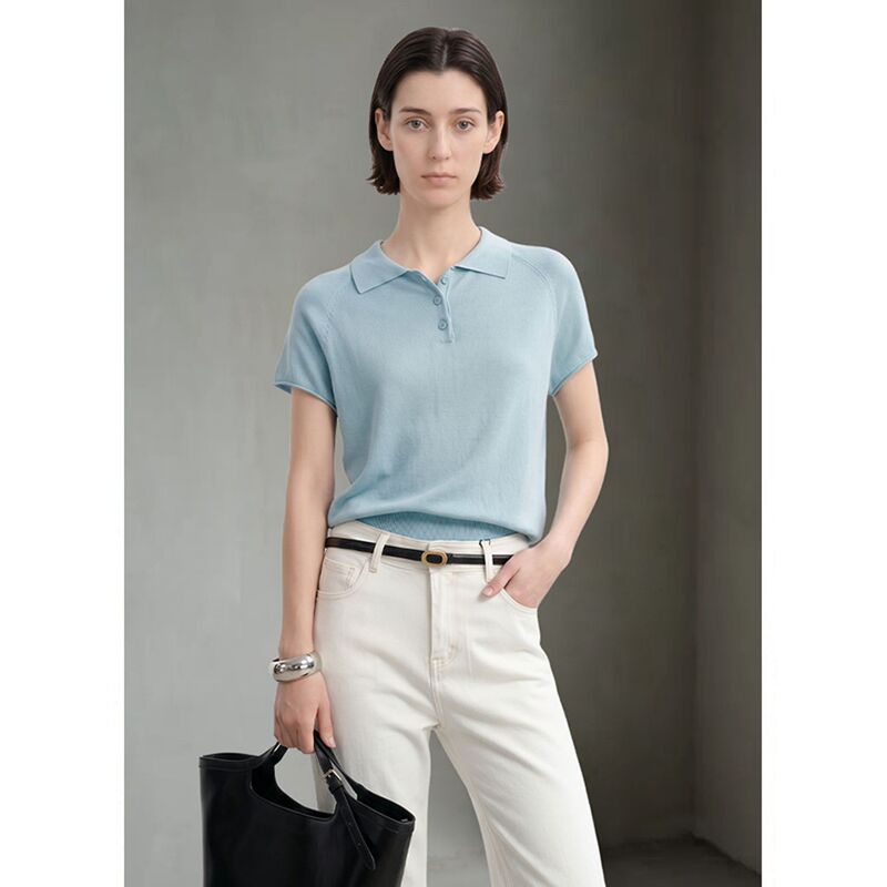 Luo Ke ▪ Modal and Paper-Like Fabric Polo Collar Knit Short-Sleeve Loose Thin T-Shirt Top with Raglan Sleeves for Summer.