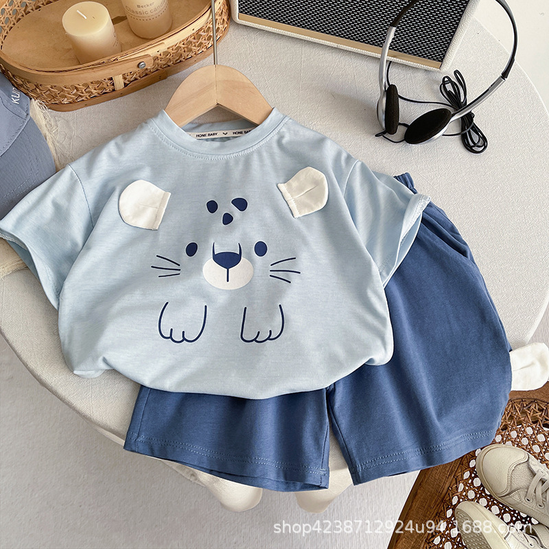 Boys' Summer Outfit 2026 New Style Children's Cute 3D Cat Ear T-Shirt and Denim Shorts Two-Piece Set for Babies