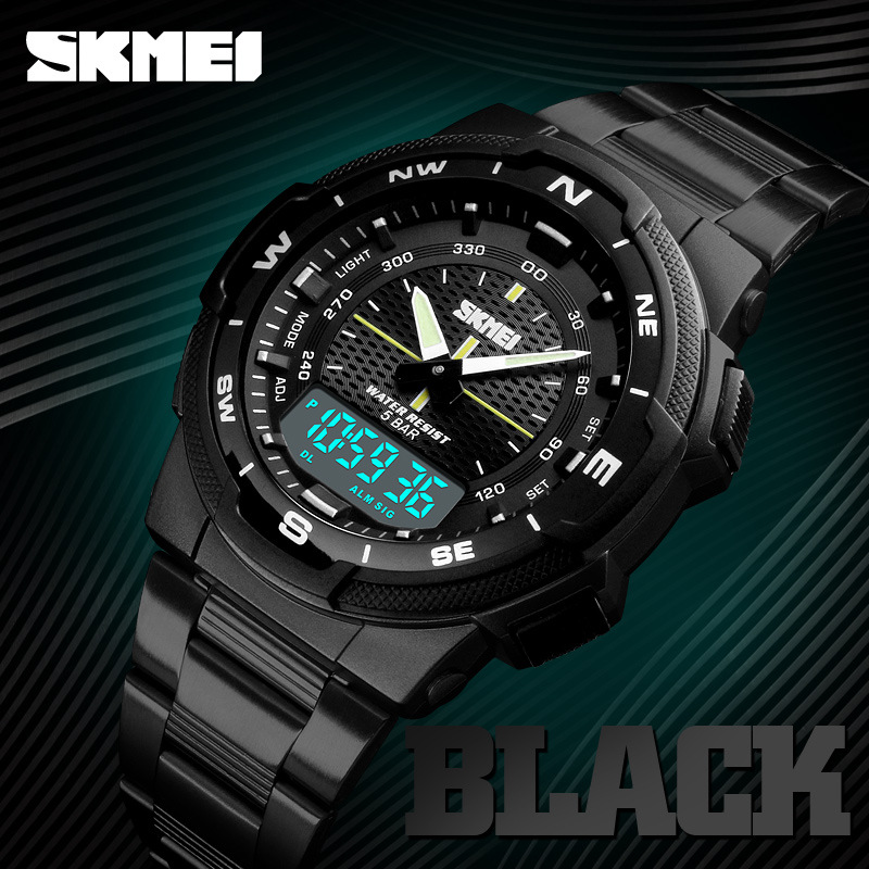 Skmei correa de acero transfronteriza estudiante doble pantalla reloj electrónico skmei moda al aire libre multifuncional reloj deportivo para hombre