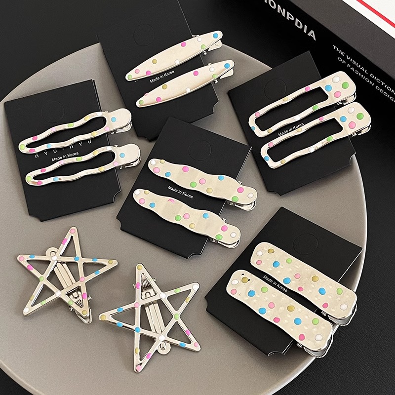 Peñón colorido goteo de aceite de plata punto de onda de metal pentaco pinzas de cabello frisa lateral pinzas de cabello pinzas de boca de pato nuevo estilo