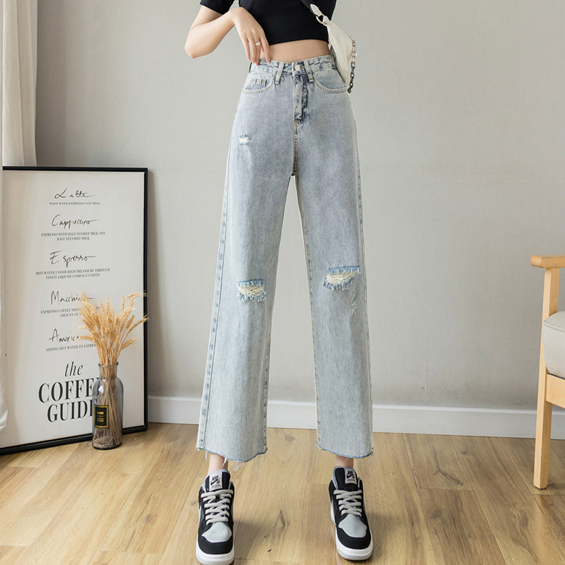 2021 real shot eight points broken hole wide jeans female summer thin section slim high waist straight nine pants