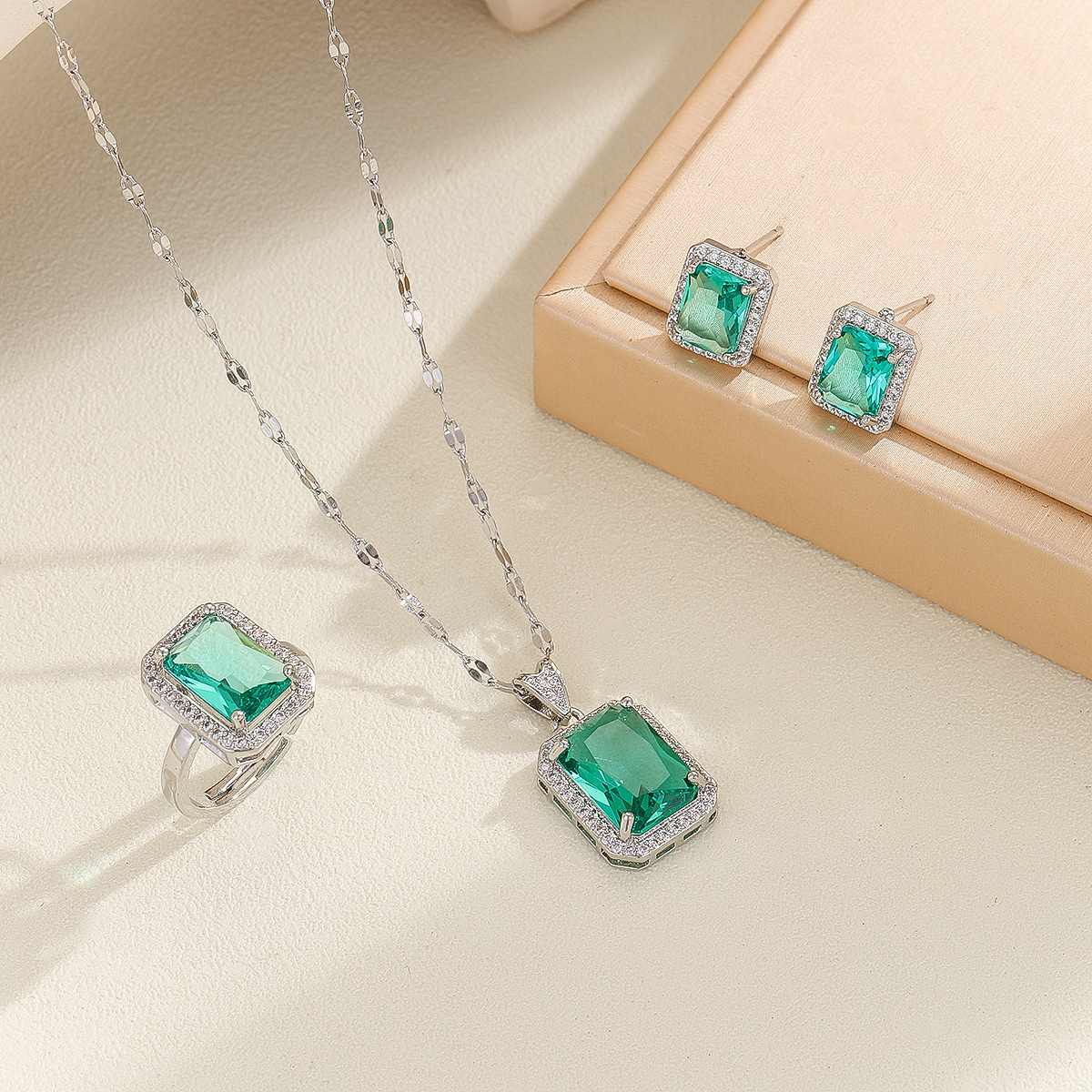 Jewelry Women's Lake Blue Geometric Gem Inlaid Necklace Earrings Ring suit Simple Light Luxury Titanium Steel Jewelry