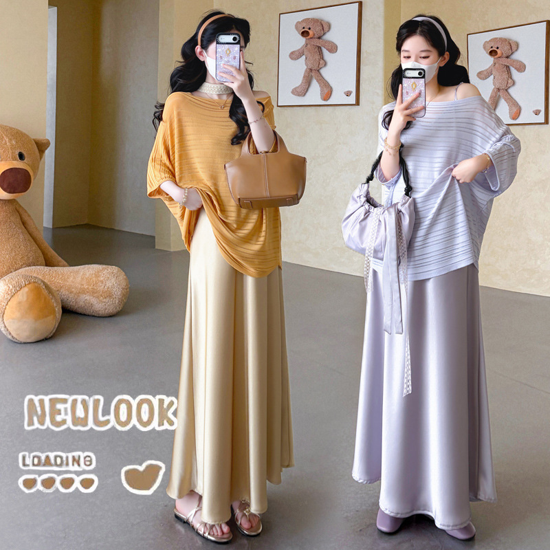 2026 New Maternity Wear Large Size Satin Maternity Slip Dress + Knitted Top Two-Piece Maternity Set