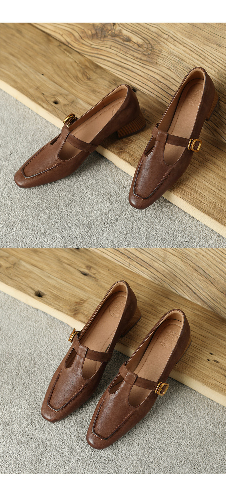 Giày Mary Jane nữ gót thô cổ điển kiểu Pháp, quai chữ T, da cừu lớp đầu — Màu nâu nhạt chi tiết 17