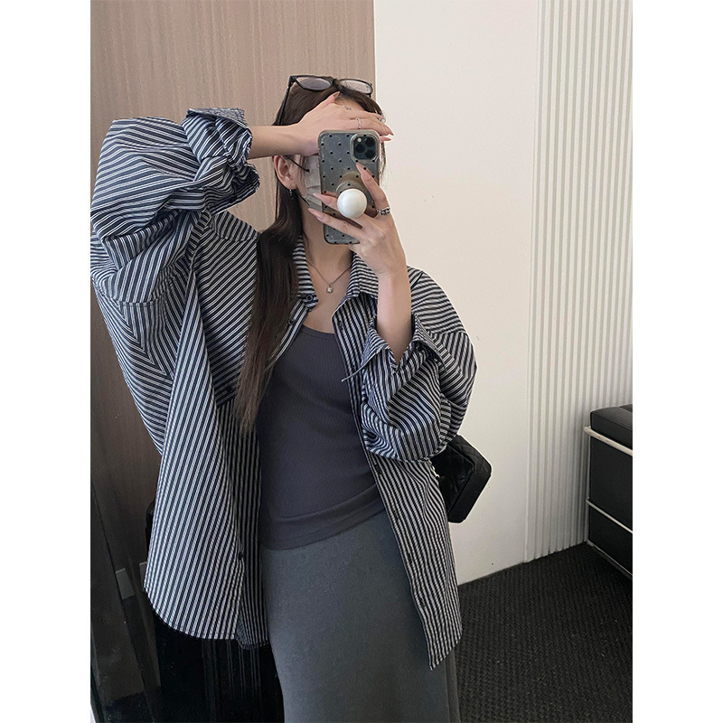 Lazy and Relaxed Striped Shirt Jacket for Women, Spring and Summer Mid-Length Loose-Fitting Long-Sleeved Shirt