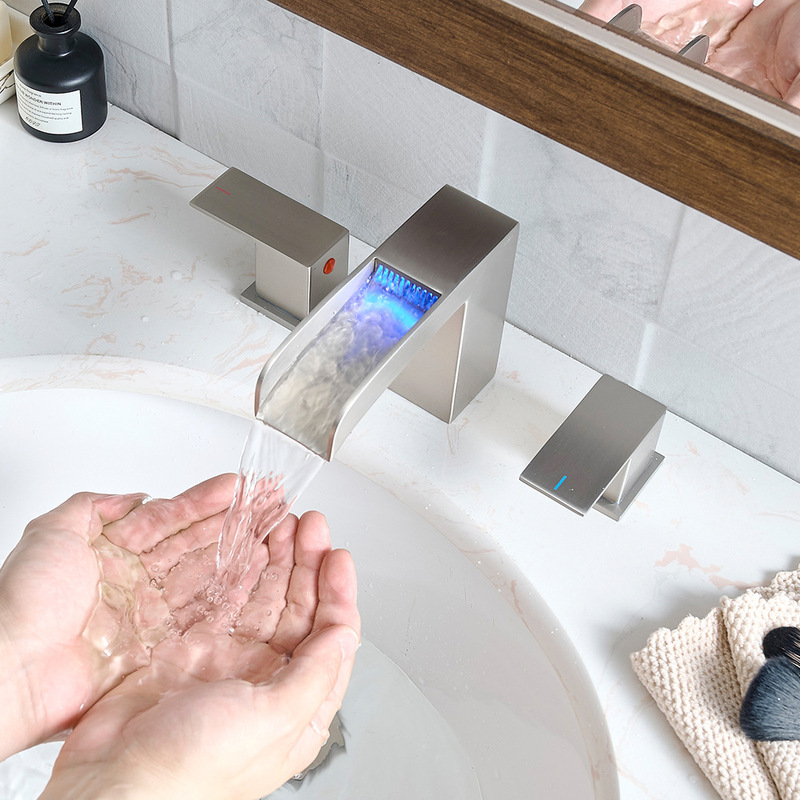 Basin Faucet Hot and Cold Bathroom Three Holes with LED Light Waterfall Out Faucet Washbasin Wash Basin Faucet