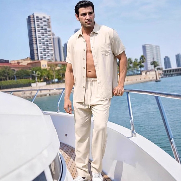 Amazon Men's Casual Tops Two-Piece Set Cotton and Linen Solid Color Beach Button-Down Short-Sleeved Shirt Loose Trousers for Men