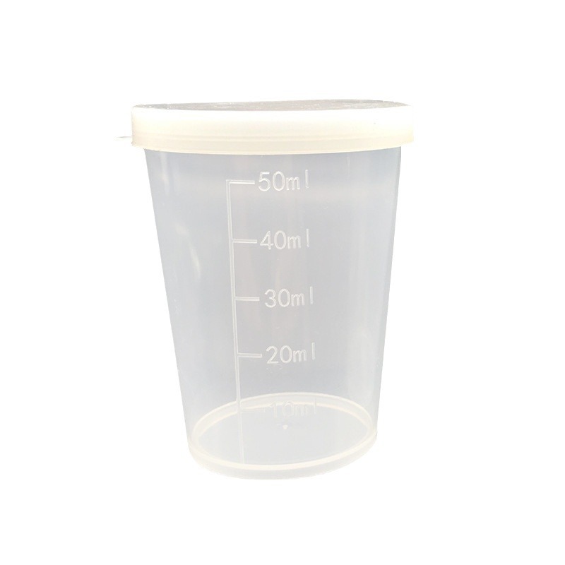 En stock 50ml taza de medir con tapa 50ml taza de medir taza de plástico taza de PP taza de medición transparente con tapa