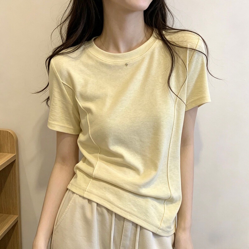 Yellow Snowflake Cotton Thin Short-Sleeve T-Shirt for Women, Summer Minimalist Versatile Slim-Fit Round Neck Fishbone Half-Sleeve Top Yellow Snowflake Cotton Thin Short-Sleeve T-Shirt for Women, Summer Minimalist Versatile Slim-Fit Round Neck Fishbone Half-Sleeve Top