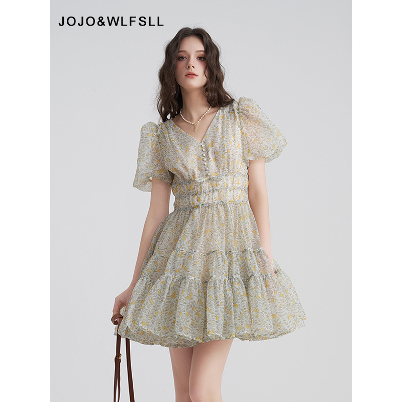 In-Stock Gourcuff Women's Clothing 2026 Spring Lemon Print V-Neck X-Waist Short-Sleeve Puffy Tiered Dress